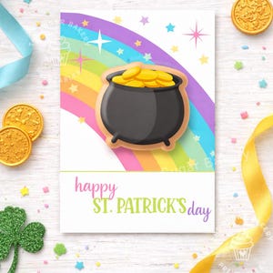 聖パトリックデーのレインボークッキーカード（パン職人向け）、ポットオブゴールドクッキーの裏紙、聖パトリックデーのクッキーパッケージ（印刷可能、3.5x5、5x7）