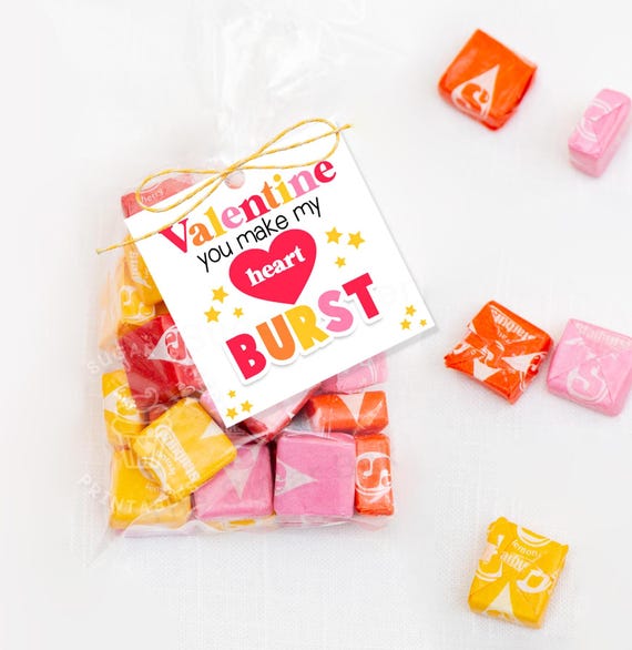 Valentine You make my Heart BURST Tags, Starburst Valentine Tags, BURSTING with excitement candy bag tag, Classroom Valentine treat bag tags