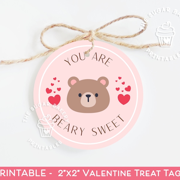 You are BEARY sweet Valentine COOKIE TAG, 2"x2" teddy bear tag,  bear valentine tag, printable bear cookie tag, I love you beary much tags