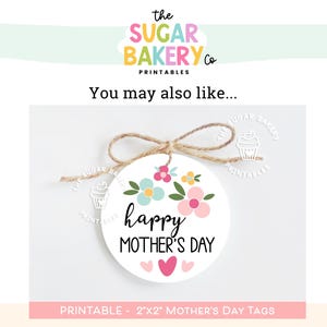 K&ouml;nnte beinhalten: Druckbare Muttertags-Geschenk-Etiketten mit 5 cm x 5 cm, wei&szlig;em Hintergrund, rosa und blauen Blumen und dem Text "happy MOTHER'S DAY".