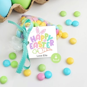 Etiquetas de Pascua, etiquetas de galletas de conejo de Pascua, etiqueta de arcoíris de zanahorias de conejo editable de FELIZ PASCUA, etiquetas de Pascua imprimibles, etiquetas de golosinas de conejo de Pascua