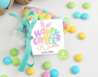 ハッピーイースタータグ、イースターバニークッキータグ、ハッピーイースター編集可能なウサギのニンジンレインボータグ、印刷可能なイースタータグ、イースターバニートリートタグ