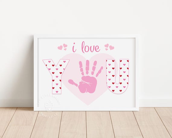 Valentine Handprint Art, Printable Valentine Craft, Preschool Toddler Handprint Footprint Craft, Gift for Mom Grandma from kids, I LOVE You