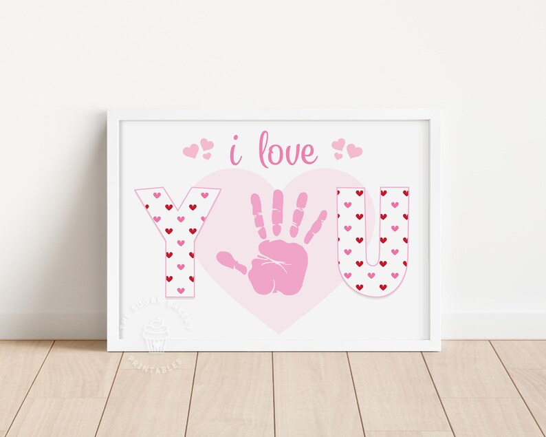 Valentine Handprint Art, Printable Valentine Craft, Preschool Toddler Handprint Footprint Craft, Gift for Mom Grandma from kids, I LOVE You image 1
