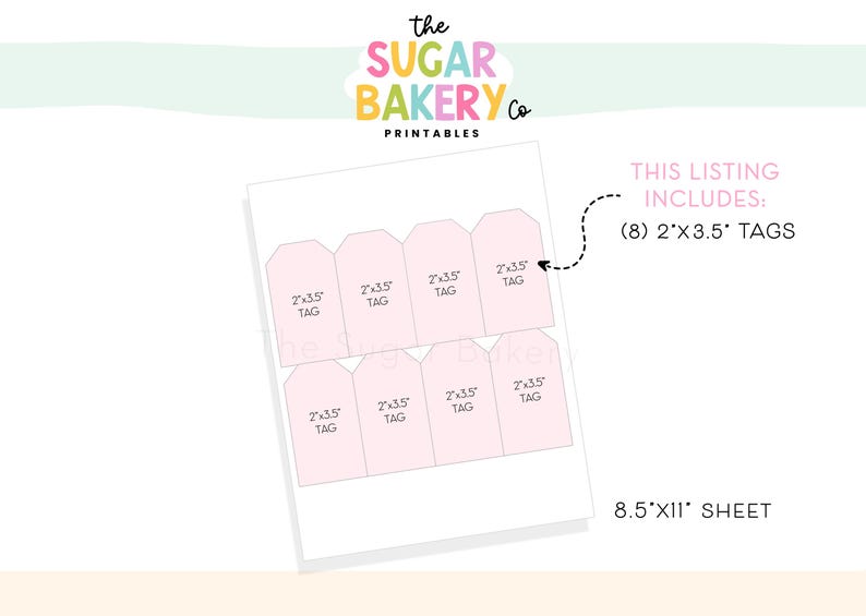 Puede incluir: Una hoja de etiquetas imprimibles de The Sugar Bakery Co. La hoja incluye ocho etiquetas rosas de 5,08 cm x 8,89 cm. El listado incluye (8) etiquetas de 2"x3.5". La hoja mide 21,59 cm x 27,94 cm.