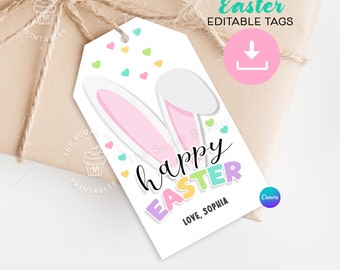 Printable Happy Easter Tags, Easter Bunny EARS Tags, HAPPY EASTER Editable Easter basket tag, Printable Easter Bunny Tags, Easter bunny tags