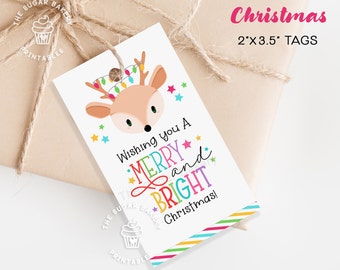 Printable Reindeer Gift Tag, Merry and Bright Reindeer Christmas Tag, Reindeer Gift tag, Classroom Favor Tag, Printable Instant Download