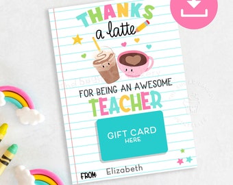 Gift Card holder TEACHER, Thanks A Latte GIFT CARD Holder, Teacher Gift Card holder printable, Thanks a latte printable, Gift Card holder