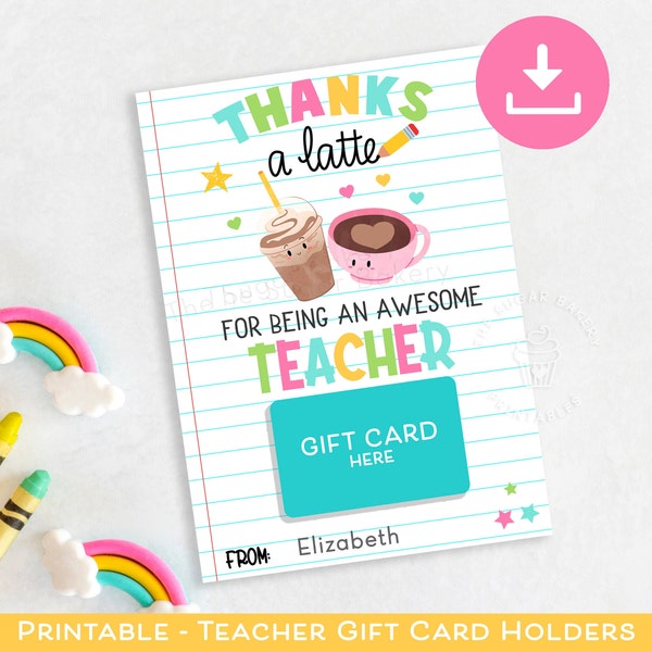Porte-cartes enseignant, porte-cartes Merci un latte, porte-cartes enseignant imprimable, remerciements imprimables, porte-cartes