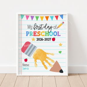 First Day of Preschool Handprint Craft Printable 2026 Back to School Keepsake DIY Memory Activity Teacher Classroom Preschool Handprint Art