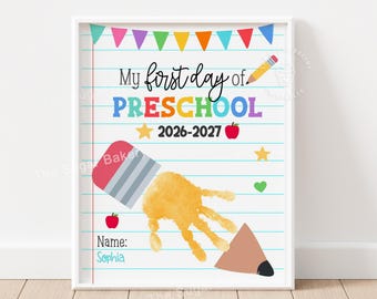First Day of Preschool Handprint Craft Printable 2026 Back to School Keepsake DIY Memory Activity Teacher Classroom Preschool Handprint Art