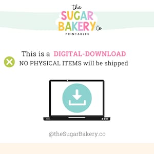 Op de afbeelding: Een digitaal downloadpictogram met een witte pijl die naar beneden wijst in een lichtblauwe cirkel. Het pictogram bevindt zich op het scherm van een zwarte laptop. De tekst "Dit is een DIGITALE DOWNLOAD GEEN FYSIEKE ARTIKELEN worden verzonden" staat boven de laptop. De tekst "@theSugarBakery.co" staat onder de laptop.