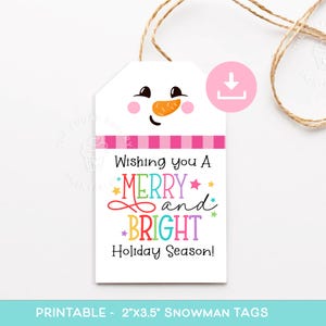 Etiqueta de galleta de muñeco de nieve alegre y brillante, etiqueta de galleta navideña, etiqueta de copo de nieve de invierno, etiqueta de regalo de muñeco de nieve navideño, etiqueta de Feliz Navidad imprimible