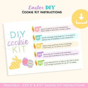 Afdrukbare instructies voor DIY-koekjespakket voor Pasen, instructies voor DIY-koekjespakket voor Pasen, versier je eigen koekjeskaart, paashaas BIY-koekjespakket