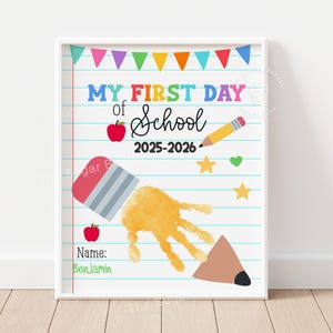 First Day of School Handprint Craft Pencil 2025 Printable Back to School Keepsake Preschool Kindergarten Classroom Activity Teacher Resource
