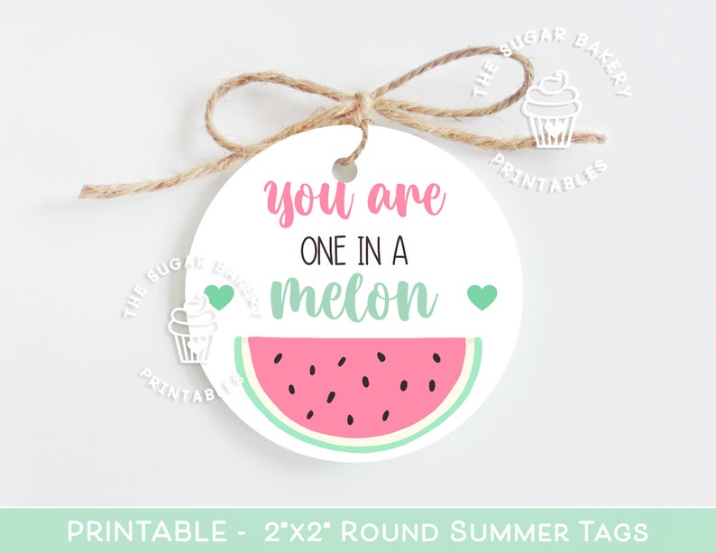 Pode incluir: Uma etiqueta redonda branca com o texto "you are ONE IN A melon" em rosa e verde, com uma ilustra&ccedil;&atilde;o de fatia de melancia. A etiqueta &eacute; amarrada com barbante e inclui o texto "The Sugar Bakery Printables".