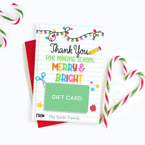 Gracias por hacer que la escuela sea FELIZ y BRILLANTE, portatarjetas de regalo para maestros, portatarjetas de Navidad imprimible para MAESTROS, portatarjetas de regalo de agradecimiento