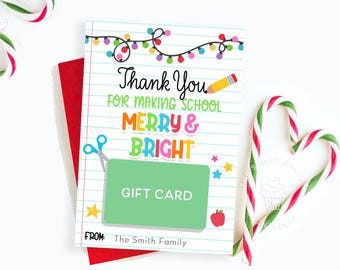 Thank you for making School MERRY & BRIGHT, Gift Card Holder Teacher, Printable Christmas TEACHER Card Holder, Thank You Gift Card holder