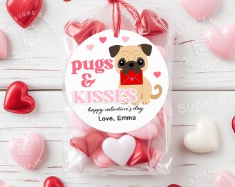 May include: A white circle sticker with a cartoon pug holding a pink envelope. The sticker says "pugs & kisses" and "happy valentine's day". The sticker also has the text "Love, Emma".