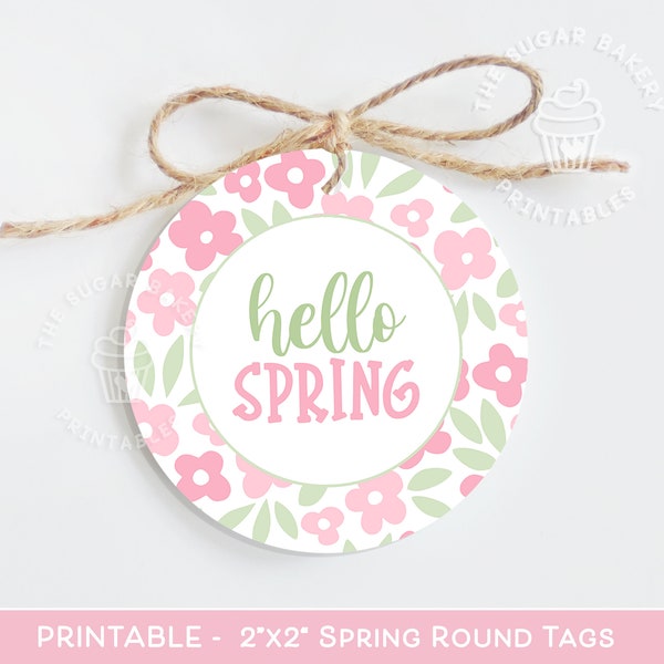 Printable SPRING cookie tag, Spring Gift TAGS, Round Floral Pink Green Hello Welcome Spring Tags printable tags, Floral flower cookie tag