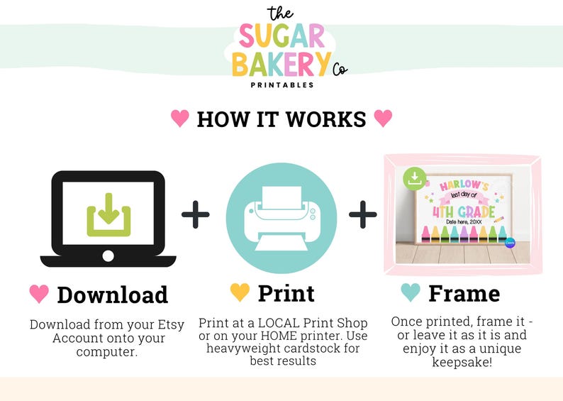 May include: A graphic showing how to download, print, and frame a printable. The graphic shows a computer with a download arrow, a printer, and a framed image of a "Last Day of 4th Grade" sign with crayons. The text reads "Download, Print, Frame".