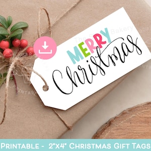 Druckbare frohe Weihnachten Geschenkanhänger, Weihnachtsanhänger für Kinder, Weihnachtsanhänger personalisiert, rustikale Weihnachtsschrift, Weihnachtsgeschenkanhänger