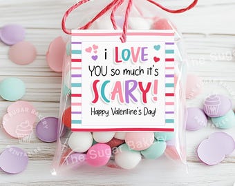 May include: A clear plastic bag filled with colourful candy, tied with a red ribbon and a gift tag that reads "I love you so much it's scary! Happy Valentine's Day!"