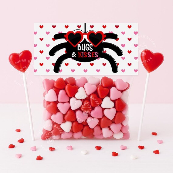 Bugs & Kisses Valentine Treat Bag Topper Printable for Kids, Cute Classroom Valentine Favor, Bugs Kisses Candy Bag Tag Digital Download