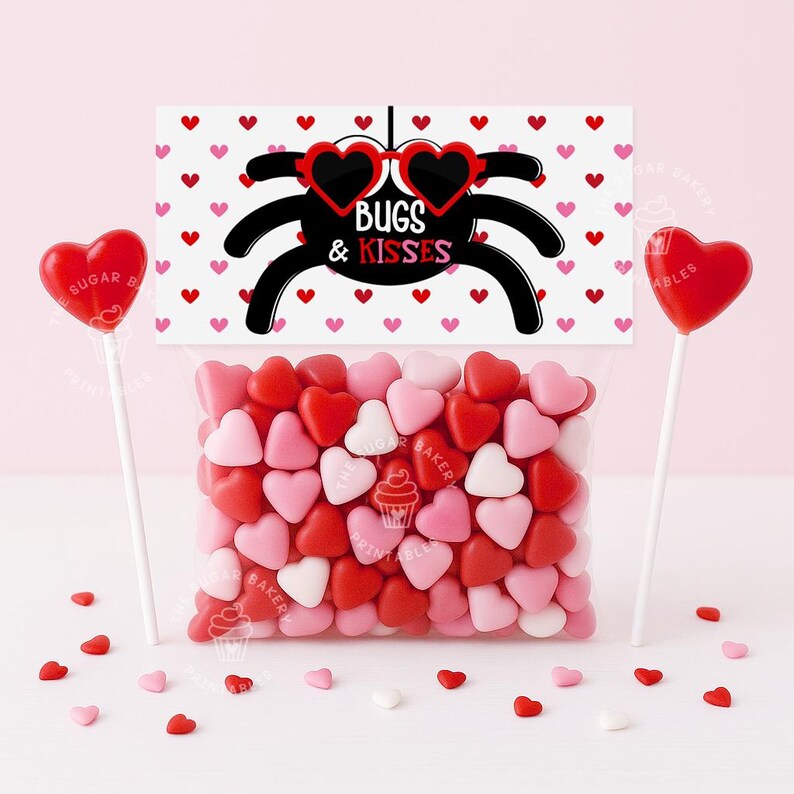 Bugs & Kisses Valentine Treat Bag Topper Printable for Kids, Cute Classroom Valentine Favor, Bugs Kisses Candy Bag Tag Digital Download image 1