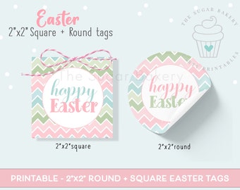 TAG di buona Pasqua, TAG regalo per biscotti da 2" e 2,5", tag chevron pastello rotondi e quadrati, tag primavera di Pasqua stampabili, tag arcobaleno di buona Pasqua