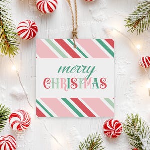 May include: A pink and green striped gift tag with the text "merry christmas" in white. The tag is surrounded by candy canes and a string of lights.