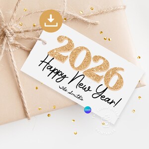 Editable New Years Tags 2026 Happy New Years Gift Tag for friend New Years party favor tag New Years Eve Printable Gold sparkling Wine Tags image 1