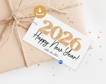 Bewerkbare nieuwjaarstags 2026 Happy New Years-cadeaulabel voor vriend New Years-feestje bedankkaartje Oudejaarsavond Afdrukbare gouden mousserende wijnkaartjes