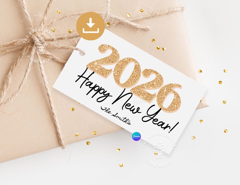 Editable New Years Tags 2026 Happy New Years Gift Tag for friend New Years party favor tag New Years Eve Printable Gold sparkling Wine Tags image 1