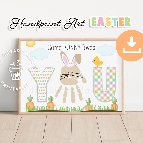 Easter HANDPRINT ART, Printable Easter Bunny Handprint Craft, Easter Crafts for Kids Preschool Toddlers Handprints, Easter Handprint Craft