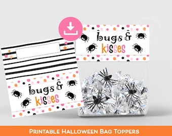 Bugs & Kisses Halloween TREAT Bag TOPPER, Halloween Treat Bag Topper printable, goodie bag favor snack bag for kids, Bugs Kisses bag topper