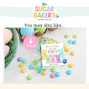 May include: Printable Easter gift tag with a pastel pink, yellow, and blue bunny design. The tag says "He is Risen, Tell Your Peeps" and "From Vivian".