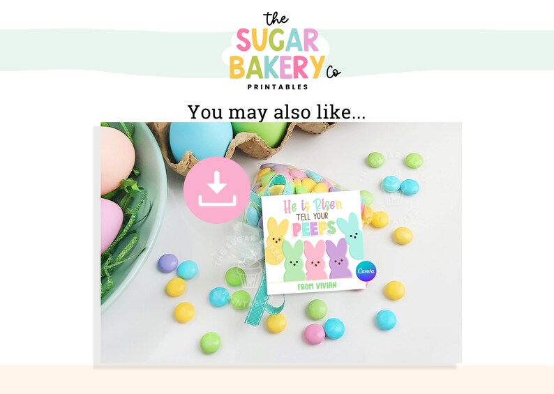 May include: Printable Easter gift tag with a pastel pink, yellow, and blue bunny design. The tag says "He is Risen, Tell Your Peeps" and "From Vivian".
