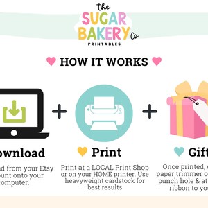 Pu&ograve; includere: Un'illustrazione grafica che mostra come scaricare, stampare e utilizzare etichette regalo stampabili. L'immagine mostra un laptop con una freccia di download, una stampante e una scatola regalo con un'etichetta.