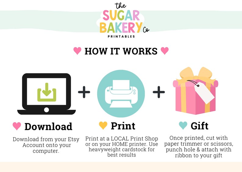 Pu&ograve; includere: Un'illustrazione grafica che mostra come scaricare, stampare e utilizzare etichette regalo stampabili. L'immagine mostra un laptop con una freccia di download, una stampante e una scatola regalo con un'etichetta.
