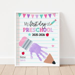 First Day of Preschool Handprint Craft Printable for Girl Back to School Keepsake Memory Activity for Kids Classroom Preschool Handprint Art