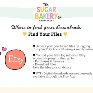 Op de afbeelding: Een digitale downloadgids van The Sugar Bakery Co. met instructies over het vinden van bestanden op Etsy. De afbeelding bevat het Etsy-logo, roze hartjes en de tekst "Find Your Files".