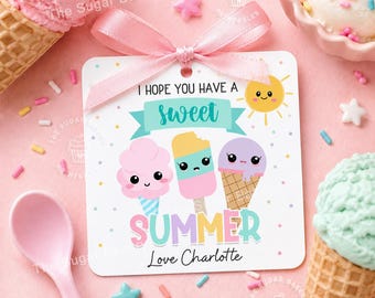 May include: A square gift tag with a pink ribbon, featuring cartoon ice cream cones and popsicles. The tag reads "I hope you have a sweet summer" and "Love Charlotte". The background is pink with sprinkles and ice cream cones.
