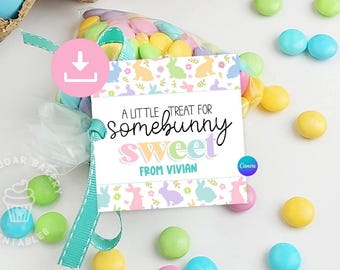 May include: A clear cellophane bag filled with pastel-colored candies, tied with a teal ribbon and a decorative tag. The tag reads "A little treat for somebunny sweet" with the name "Vivian" below. Easter-themed with bunny and floral designs.