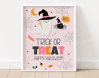 Trick or Treat Halloween Printable Sign, Cute Ghost Booed Sign, Kids Halloween Party Decor, Pink Happy Halloween Poster (Digital Download)