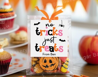 Halloween Cookie Tags printable No tricks just treats Halloween gift tags Halloween classroom favor party tags for kids Trick Treat Bag Tags