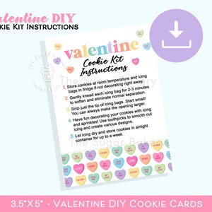 Instructions imprimables du kit de biscuits DIY de la Saint-Valentin, 3,5 x 5" Instructions du kit de biscuits de la Saint-Valentin, décorez votre propre carte de biscuits, kit DIY de la Saint-Valentin