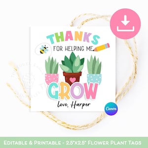 Étiquettes Merci de m'avoir aidé à grandir, étiquette de remerciement pour enseignant, étiquette-cadeau plante fleur, cadeau de fin d'année pour enseignant, cadeau de remerciement pour enseignant