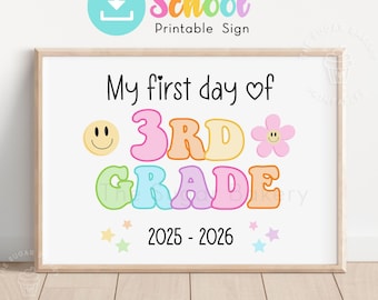 Erster Tag der dritten Klasse Schild, RETRO 3.Klasse druckbares Schild, Back to School Schild, erster Tag der dritten Klasse Chalkboard Rainbow Pastell CRAY103
