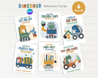 Editable Dinosaur Valentines, Dinosaur Construction Valentines, Dinosaurs in trucks Valentine Classroom Class School card tag for boys kids